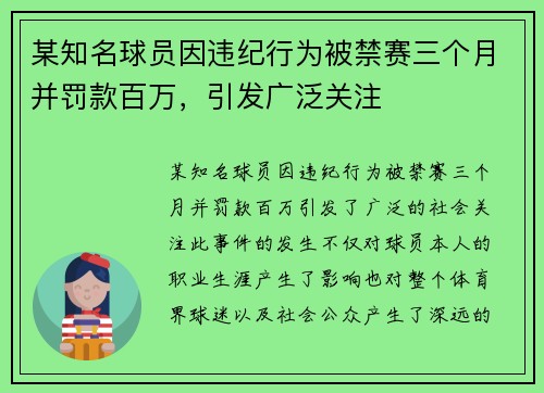 某知名球员因违纪行为被禁赛三个月并罚款百万，引发广泛关注