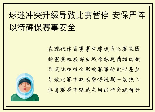 球迷冲突升级导致比赛暂停 安保严阵以待确保赛事安全