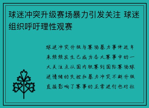 球迷冲突升级赛场暴力引发关注 球迷组织呼吁理性观赛